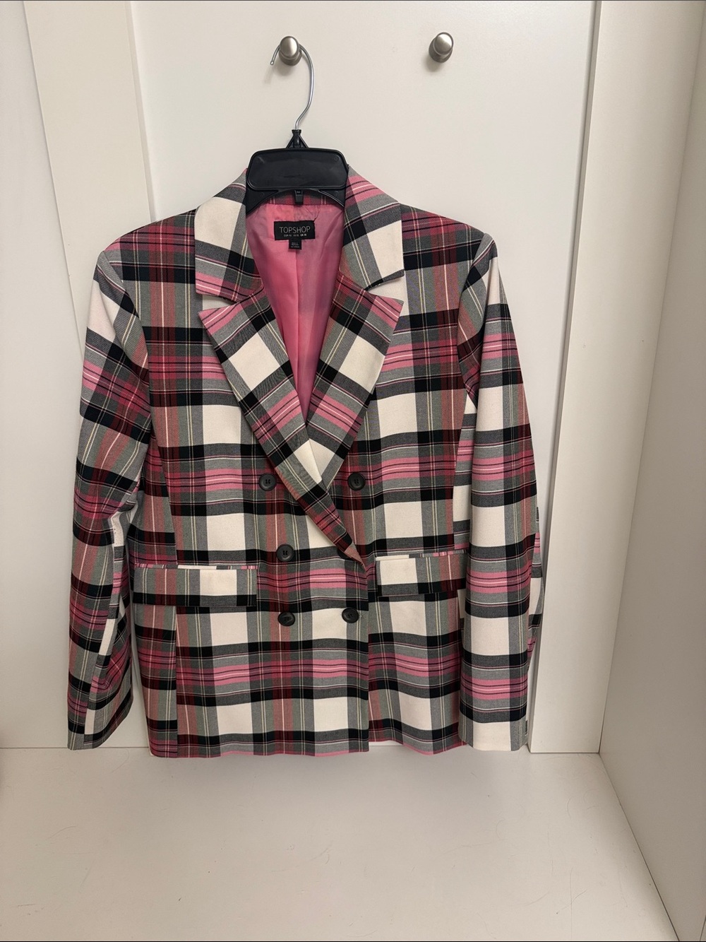 Topshop Pink Plaid Double-Breasted Suit Jacket